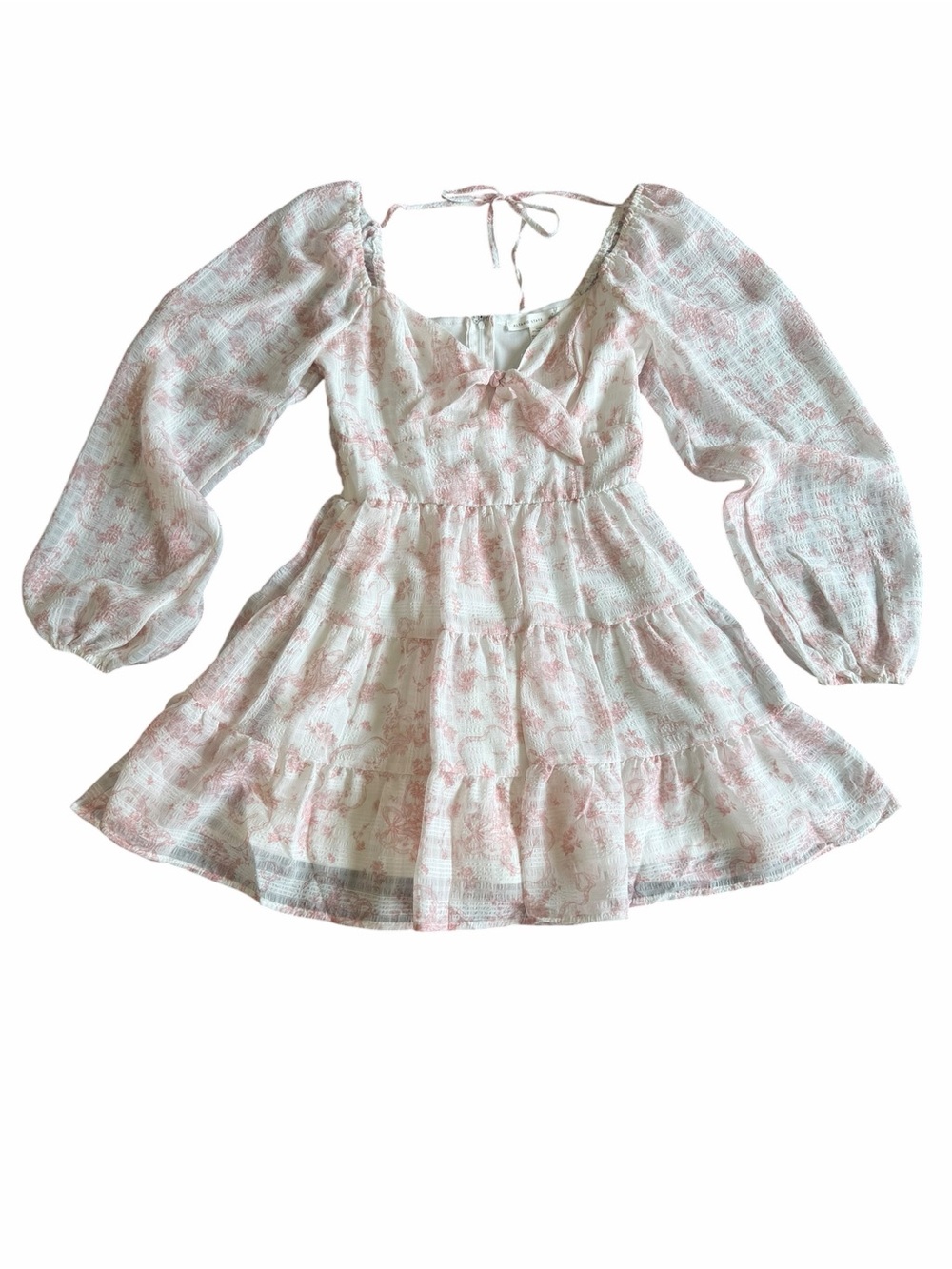 Altar’d State Pink White Toile Floral Babydoll Mini Dress Puff Sleeves Small